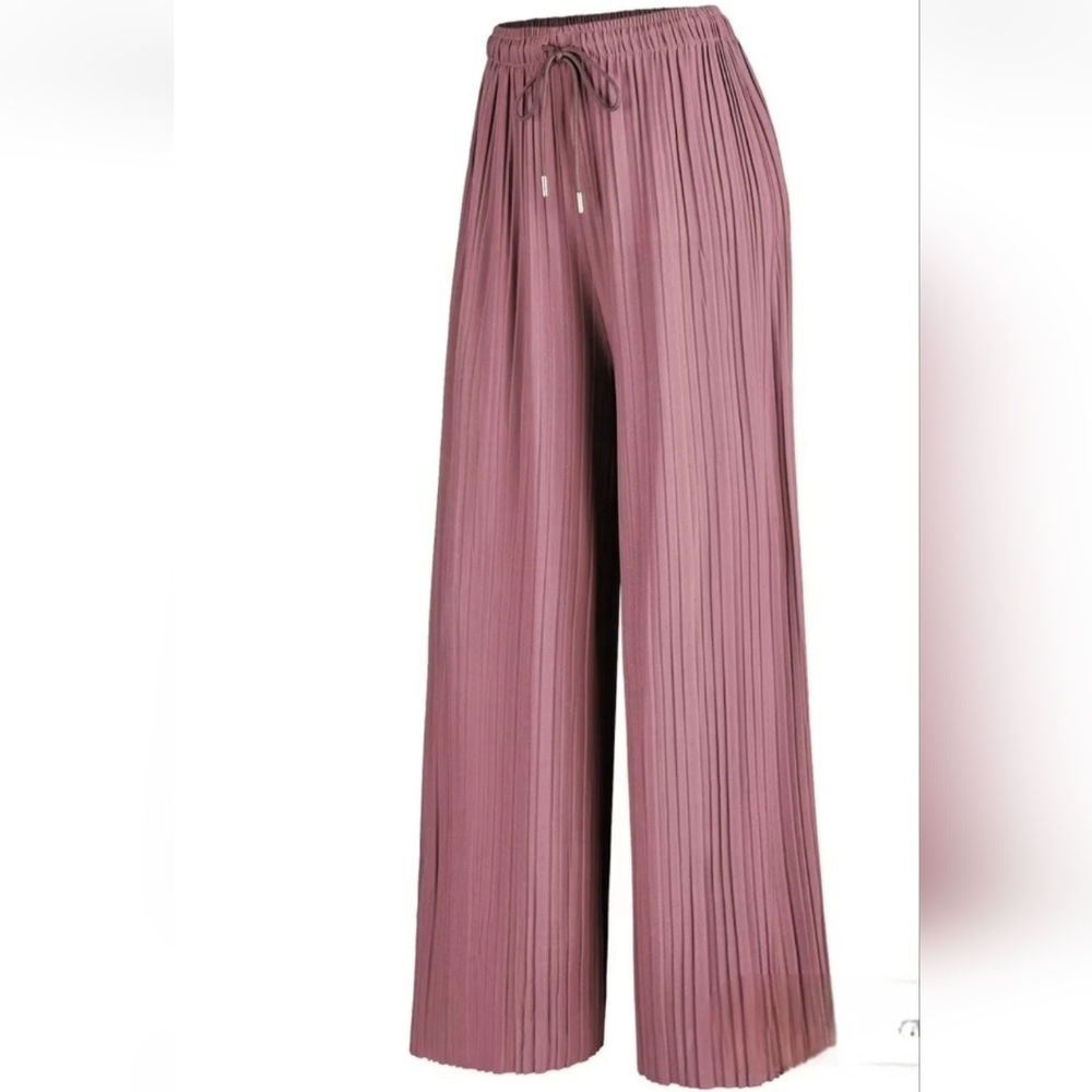 New Wide Leg Pleated Palazzo Pants Fairy Flowy Rose Gold Pink Beach Stretch 2